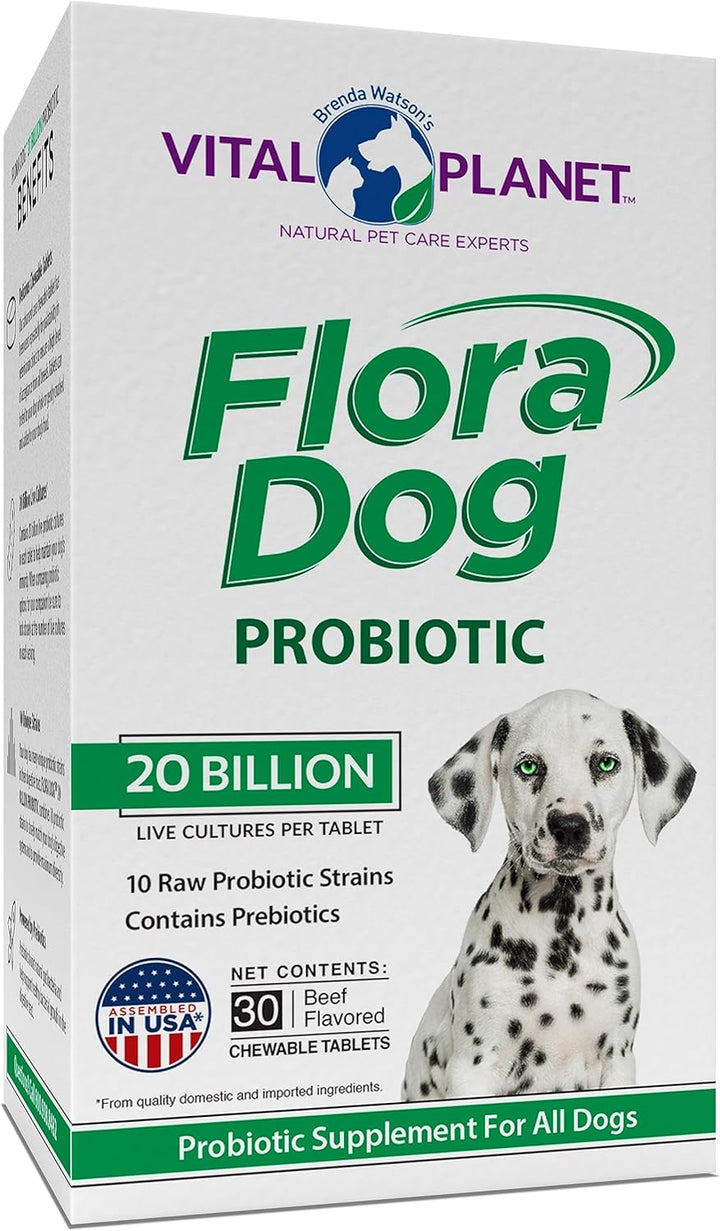 - Flora Dog Probiotic Chewable Tablets Supplement with 20 Billion Cultures and 10 Strains, High Potency Immune and Digestive Support Probiotics for Dogs, 30 Beef Flavored Chewable Tablets