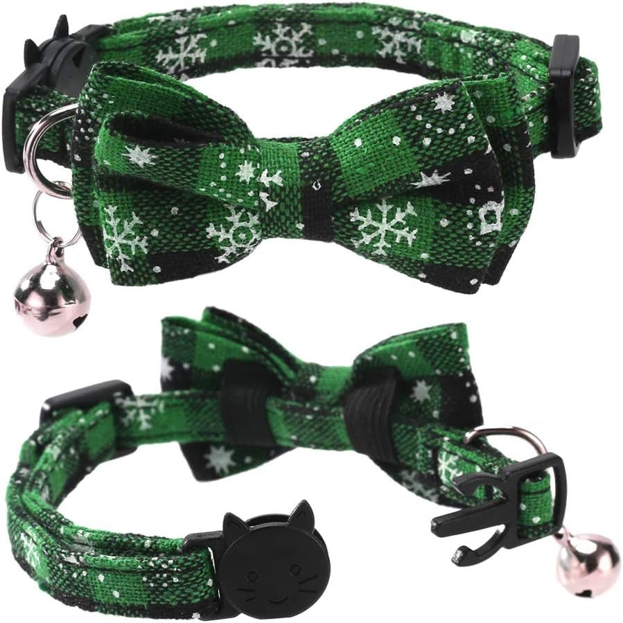 2 Pack/Set Christmas Cat Collar Breakaway with Cute Bow Tie and Bell for Kitty Adjustable Safety Plaid