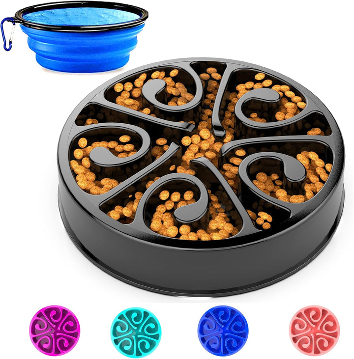 Slow Feeder Dog Bowl, Medium Breed, Puzzle Feeder, Maze Pattern, Food Grade Material, 340 Ml, All Life Stages, Black, Includes Travel Bowl