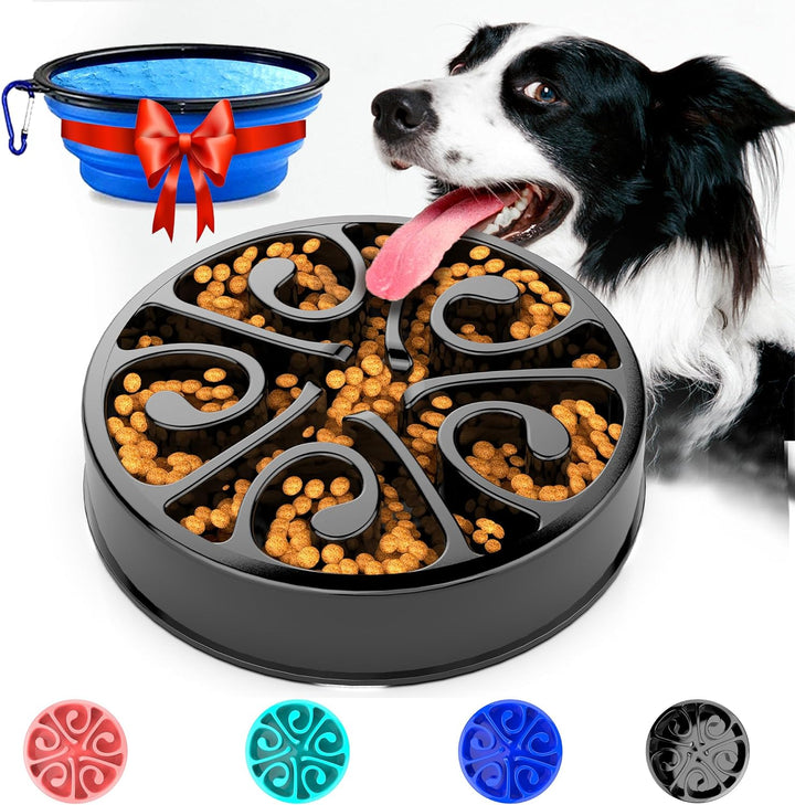 Slow Feeder Dog Bowl, Medium Breed, Puzzle Feeder, Maze Pattern, Food Grade Material, 340 Ml, All Life Stages, Black, Includes Travel Bowl