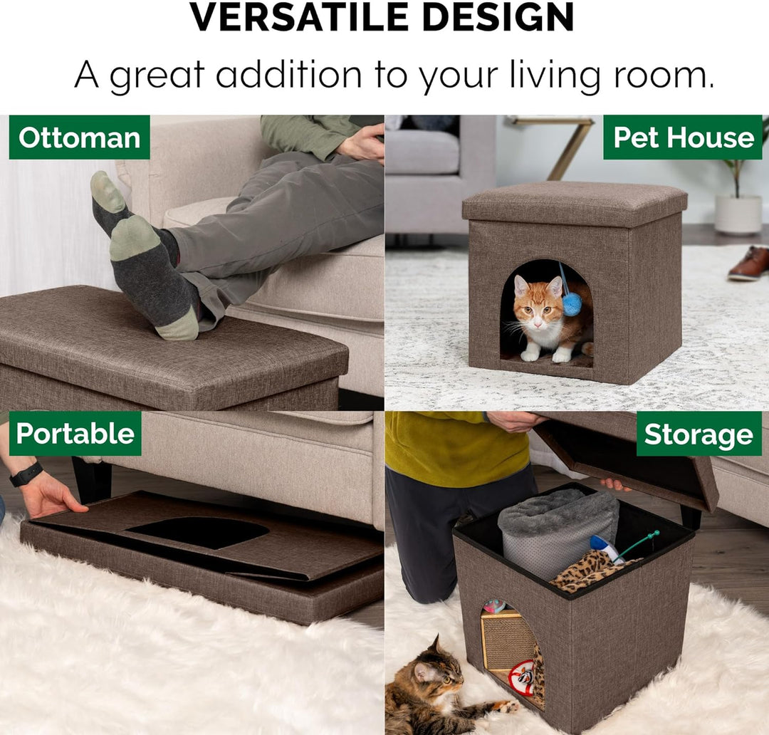 Pet House for Indoor Cats & Small Dogs, Collapsible & Foldable W/ Plush Ball Toy - Living Room Footstool Cat Condo - Coconut Brown, Small