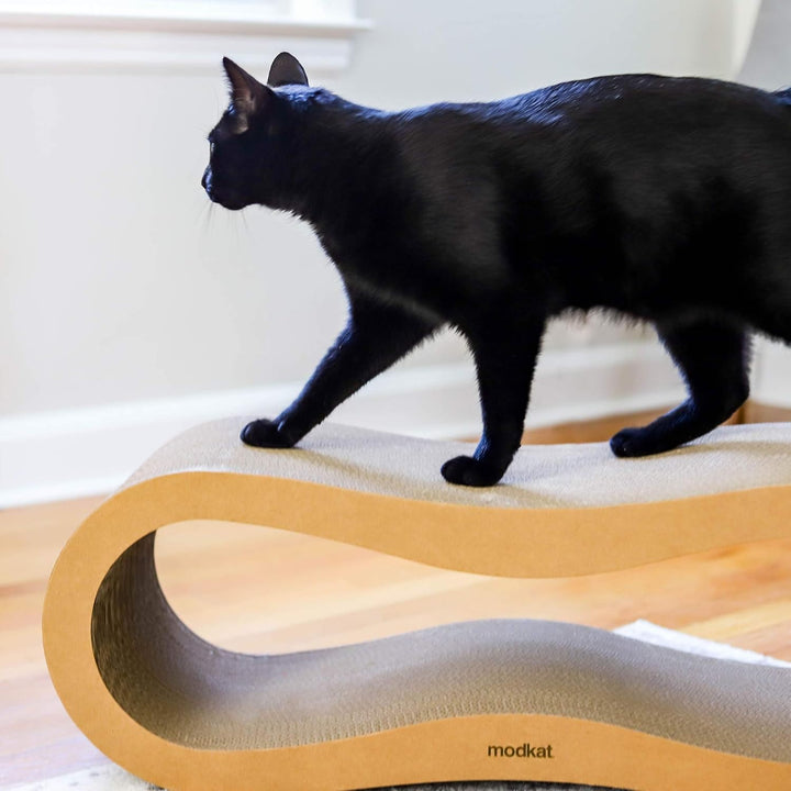 ® 2 Cat Scratcher Set. Large (30L X 10.6H In.) and Small (26.6L X 7H In.) Sizes. Scratch, Play Lounge. High-Grade Cardboard, 100% Recyclable, Reversible.