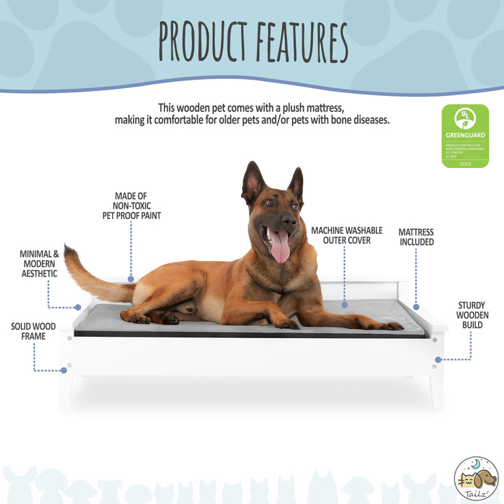 Winston Large Elevated Wooden Pet Bed with Mattress, White