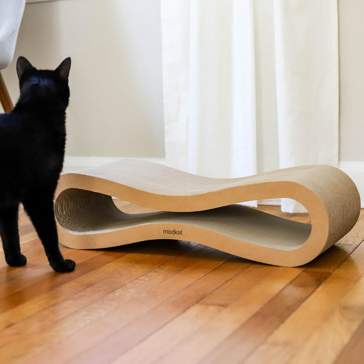 ® 2 Cat Scratcher Set. Large (30L X 10.6H In.) and Small (26.6L X 7H In.) Sizes. Scratch, Play Lounge. High-Grade Cardboard, 100% Recyclable, Reversible.