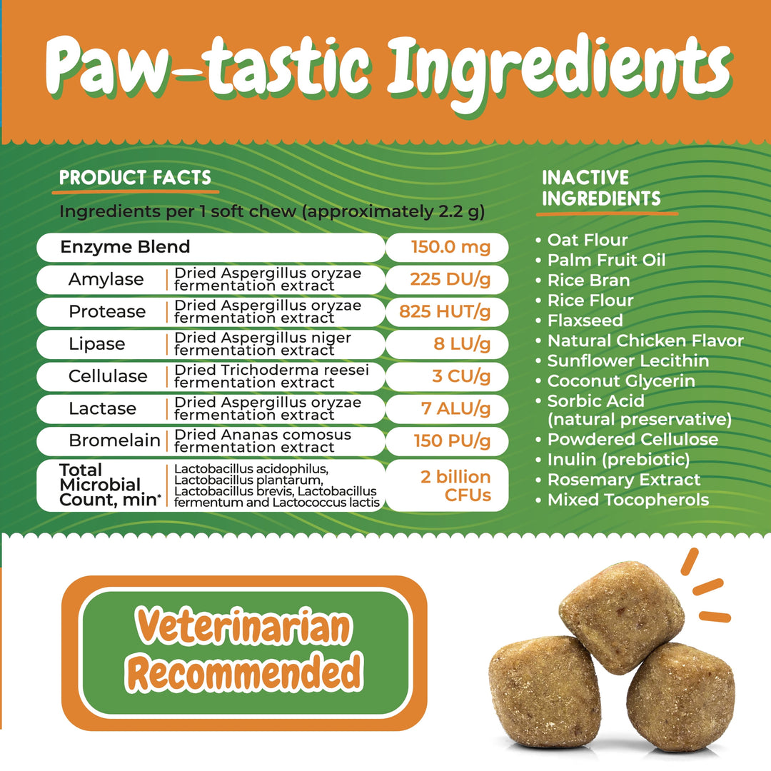 Probiotic Chews for Dogs - Digestive Enzymes - Diarrhea - Bad Breath - Gut & Immune Health - Probiotic and Prebiotic Supplement - 120 Soft Chews