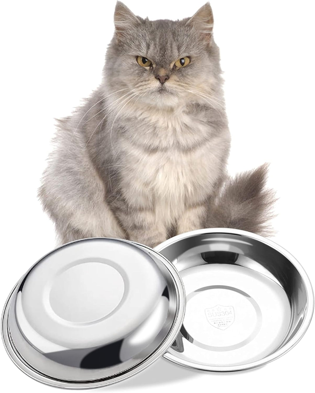 Medium Shallow Cat Food Bowls, Outer Dia. 8.1 in Whisker Fatigue Cat Bowl, Stainless Steel Cat Food Dish for Indoor Cats, Set of 2 Replacement Cat Bowls for Raised Station(26.7 Fl.Oz)