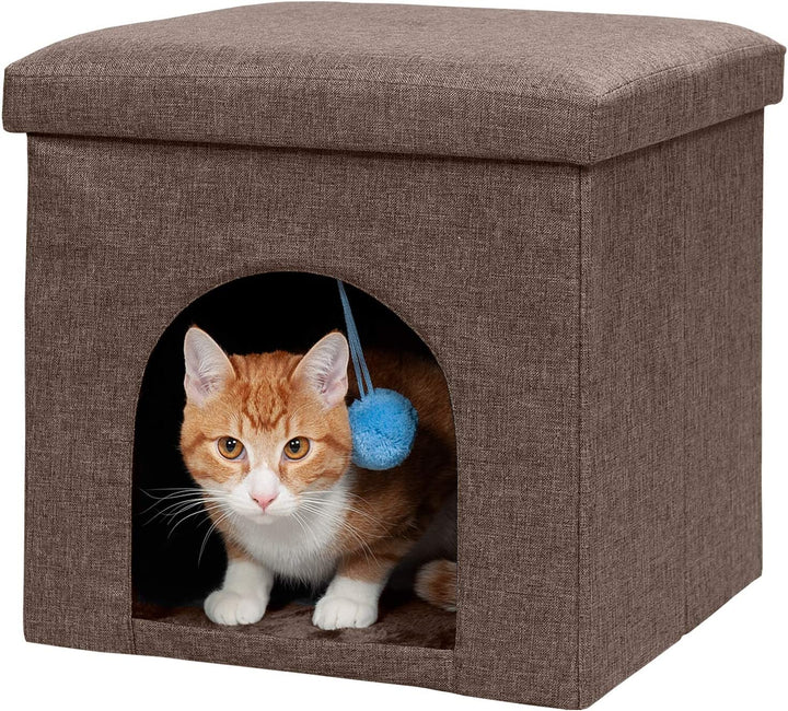 Pet House for Indoor Cats & Small Dogs, Collapsible & Foldable W/ Plush Ball Toy - Living Room Footstool Cat Condo - Coconut Brown, Small