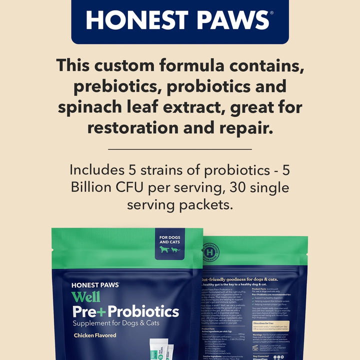 Well Pre+ Probiotics Supplement Powders for Dogs, Chicken Flavor, 30 Count Pouch