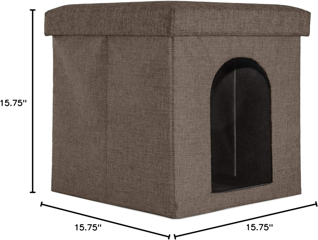 Pet House for Indoor Cats & Small Dogs, Collapsible & Foldable W/ Plush Ball Toy - Living Room Footstool Cat Condo - Coconut Brown, Small