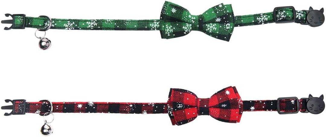 2 Pack/Set Christmas Cat Collar Breakaway with Cute Bow Tie and Bell for Kitty Adjustable Safety Plaid