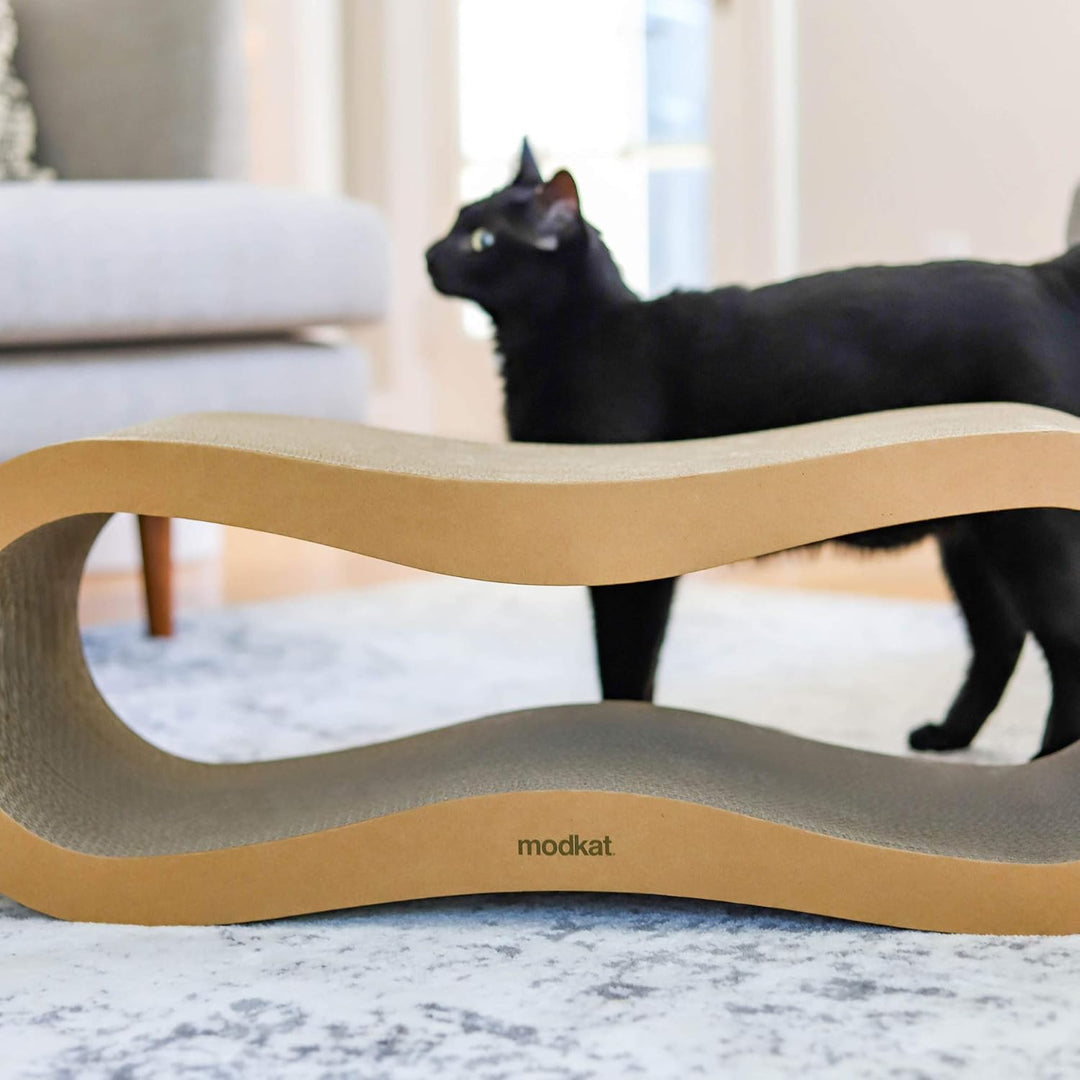 ® 2 Cat Scratcher Set. Large (30L X 10.6H In.) and Small (26.6L X 7H In.) Sizes. Scratch, Play Lounge. High-Grade Cardboard, 100% Recyclable, Reversible.