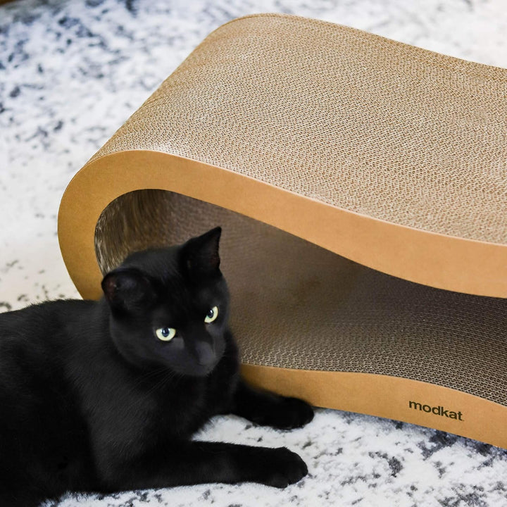 ® 2 Cat Scratcher Set. Large (30L X 10.6H In.) and Small (26.6L X 7H In.) Sizes. Scratch, Play Lounge. High-Grade Cardboard, 100% Recyclable, Reversible.