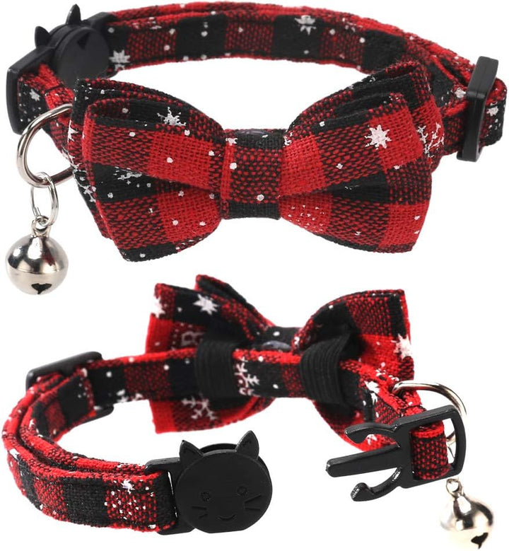 2 Pack/Set Christmas Cat Collar Breakaway with Cute Bow Tie and Bell for Kitty Adjustable Safety Plaid