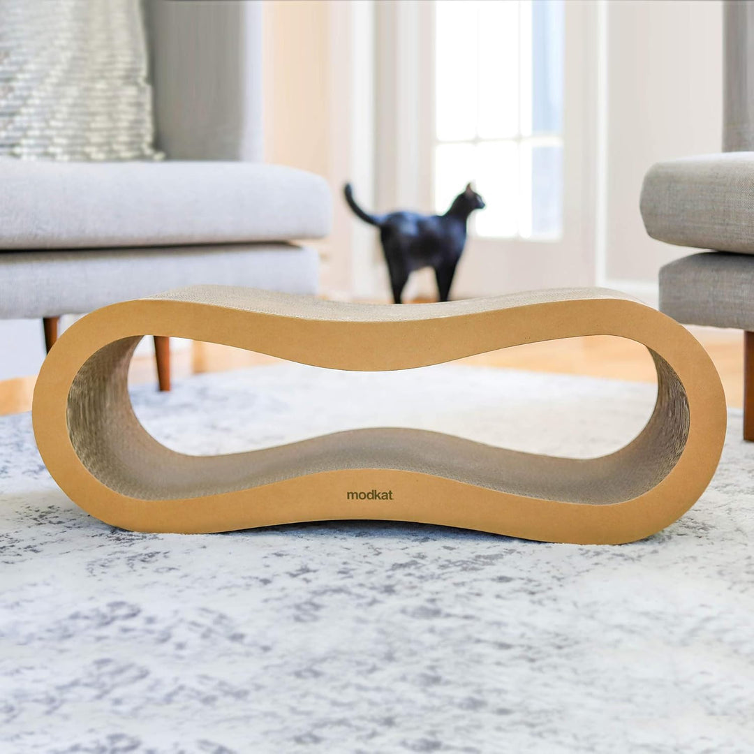 ® 2 Cat Scratcher Set. Large (30L X 10.6H In.) and Small (26.6L X 7H In.) Sizes. Scratch, Play Lounge. High-Grade Cardboard, 100% Recyclable, Reversible.