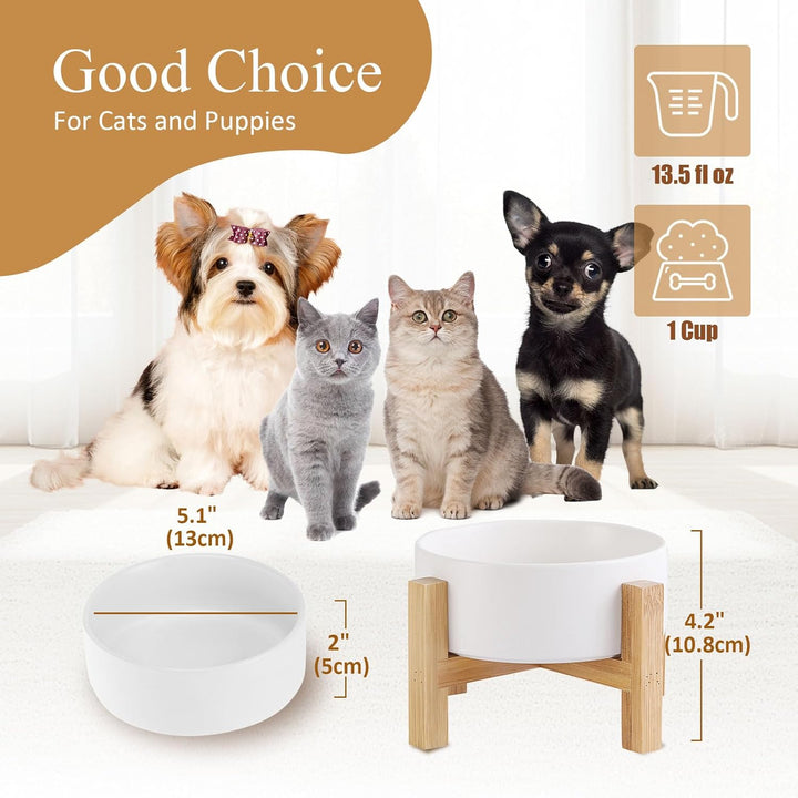 White Ceramic Elevated Raised Cat Bowls,Cat Food Dish with Stand, Raised Cat Food or Water Bowls anti Vomiting,Pet Bowl with anti Slip Rubber Pad,Stress Free for Cats and Small Dogs（400Ml/13.5Oz