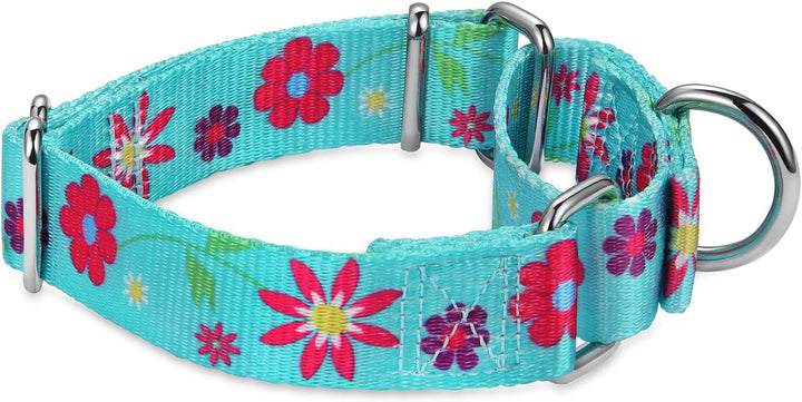 Martingale Collar Floral Print Dog Collar - No Pull Pet Collar, Heavy Duty Adjustable Dog Collar, Medium, Neck 14 Inch -21 Inch, Sun Flower (Teal)