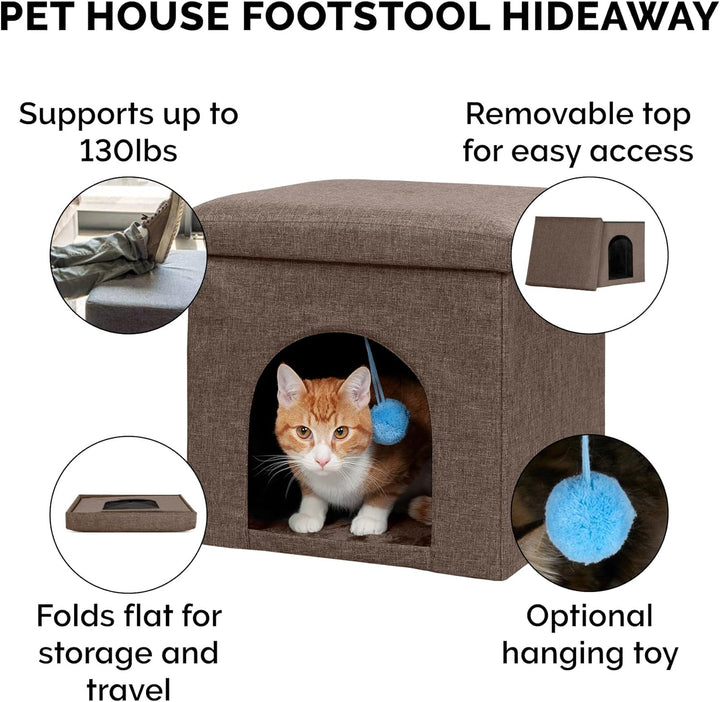 Pet House for Indoor Cats & Small Dogs, Collapsible & Foldable W/ Plush Ball Toy - Living Room Footstool Cat Condo - Coconut Brown, Small