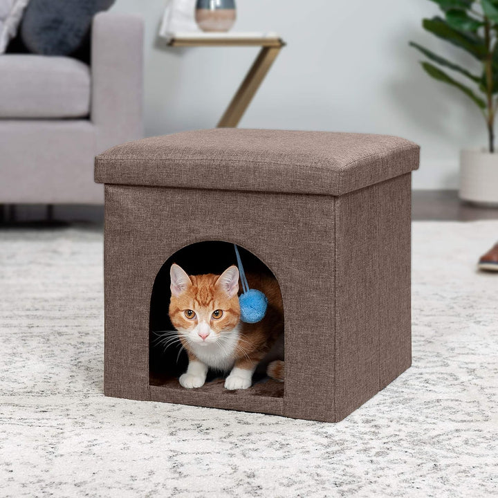 Pet House for Indoor Cats & Small Dogs, Collapsible & Foldable W/ Plush Ball Toy - Living Room Footstool Cat Condo - Coconut Brown, Small