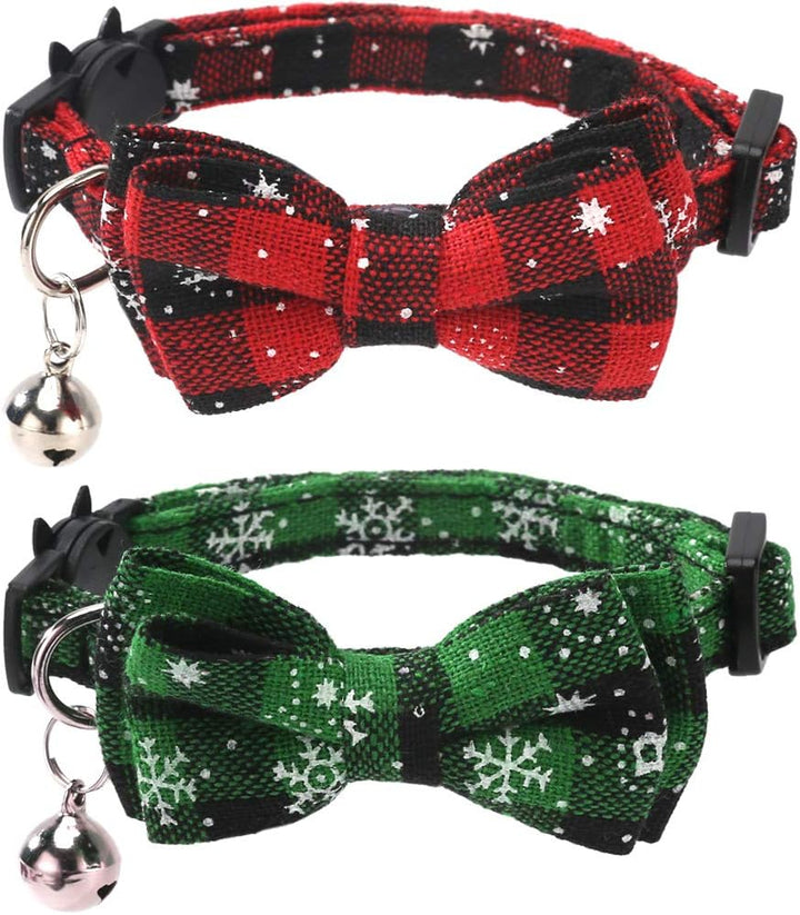 2 Pack/Set Christmas Cat Collar Breakaway with Cute Bow Tie and Bell for Kitty Adjustable Safety Plaid